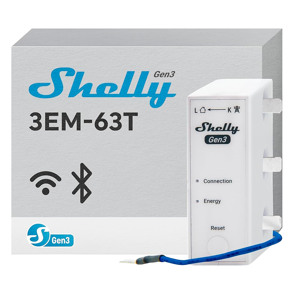 (SH-3EM-63T-GEN3) Shelly 3EM-63T Gen3 - WiFi 2.4 GHz / Bluetooth - Medidor de consumo - Soporta 110-230 V - Ideal para viviendas - Compatible con Alexa y Google