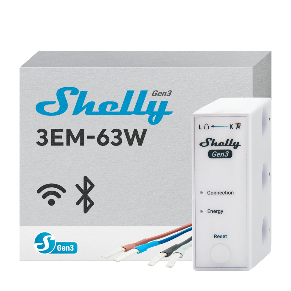 (SH-3EM-63W-GEN3) Shelly 3EM-63W Gen3 - WiFi 2.4 GHz / Bluetooth - Medidor de consumo - Soporta 220-240 V - Ideal para viviendas - Compatible con Alexa y Google