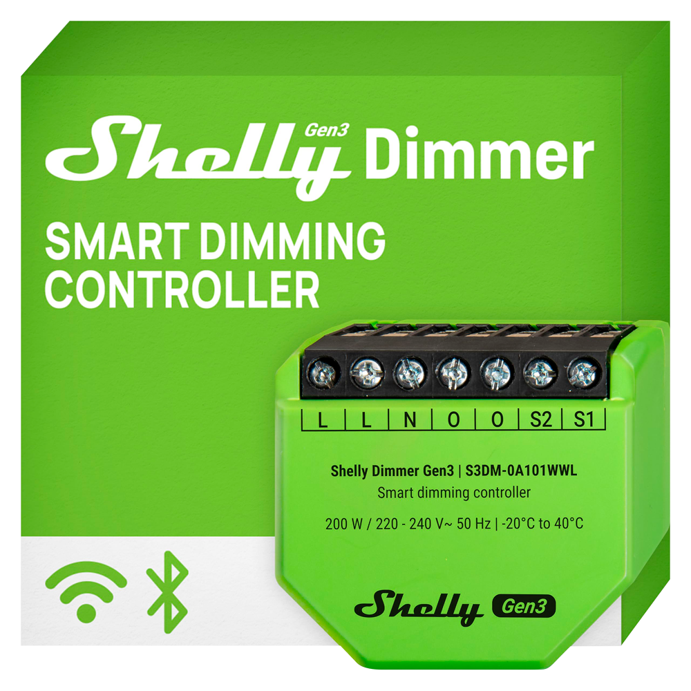 (SH-DIMMER-GEN3) Shelly Dimmer Gen 3 - WiFi 2.4 GHz IEEE802.11 b/g/n / Bluetooth - Regulador intensidad de luz - Soporta 110-230 V - Funciona con neutro / sin neutro - Compatible con Alexa y Google