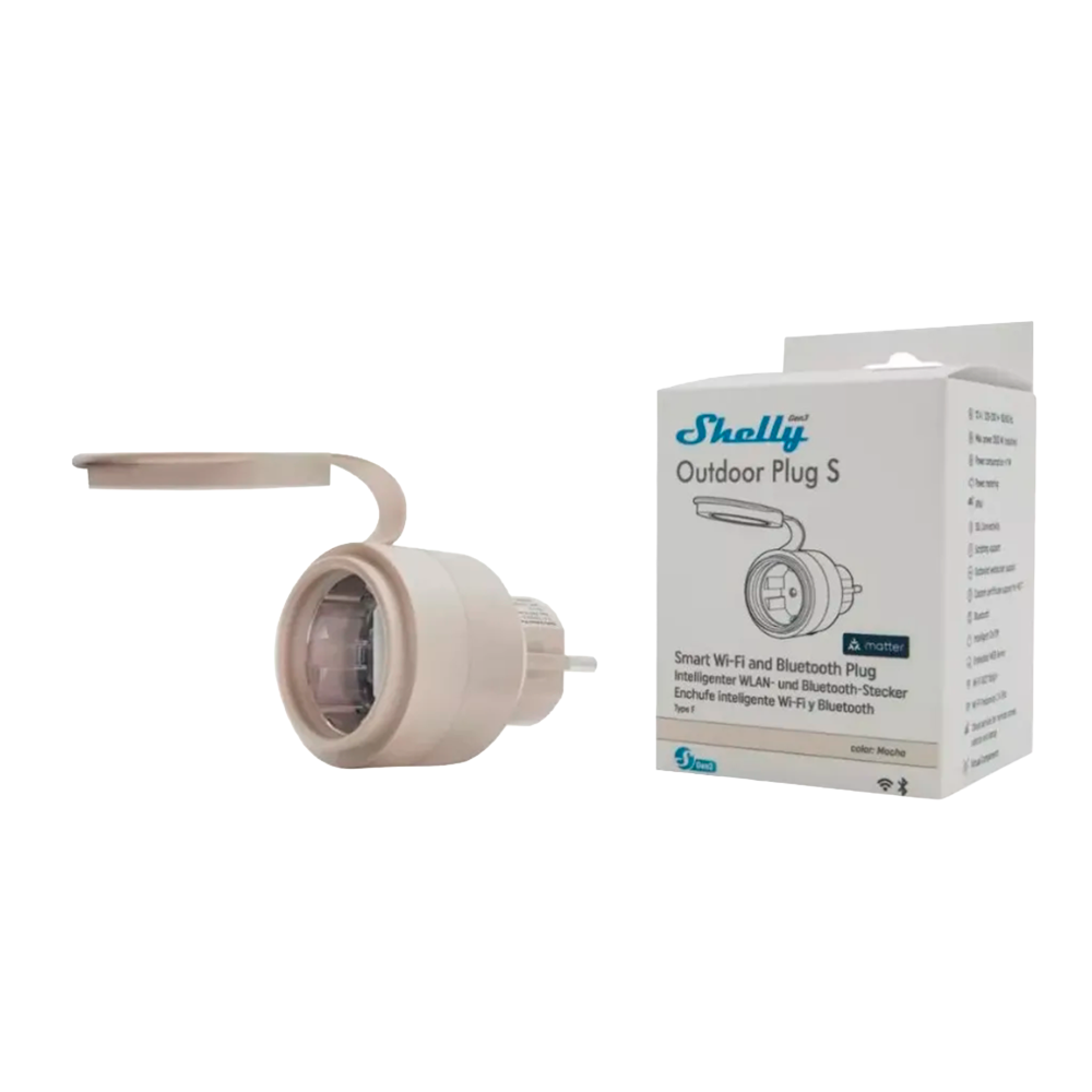 (SH-OUTDOOR-PLUG-S-GEN3) Shelly Outdoor Plug S Gen3 - WiFi 2.4 GHz IEEE802.11 b/g/n / Bluetooth - Medidor de consumo - Soporta 220 - 230 V - Apto para domótica de viviendas  - Compatible con Alexa, Google y Apple