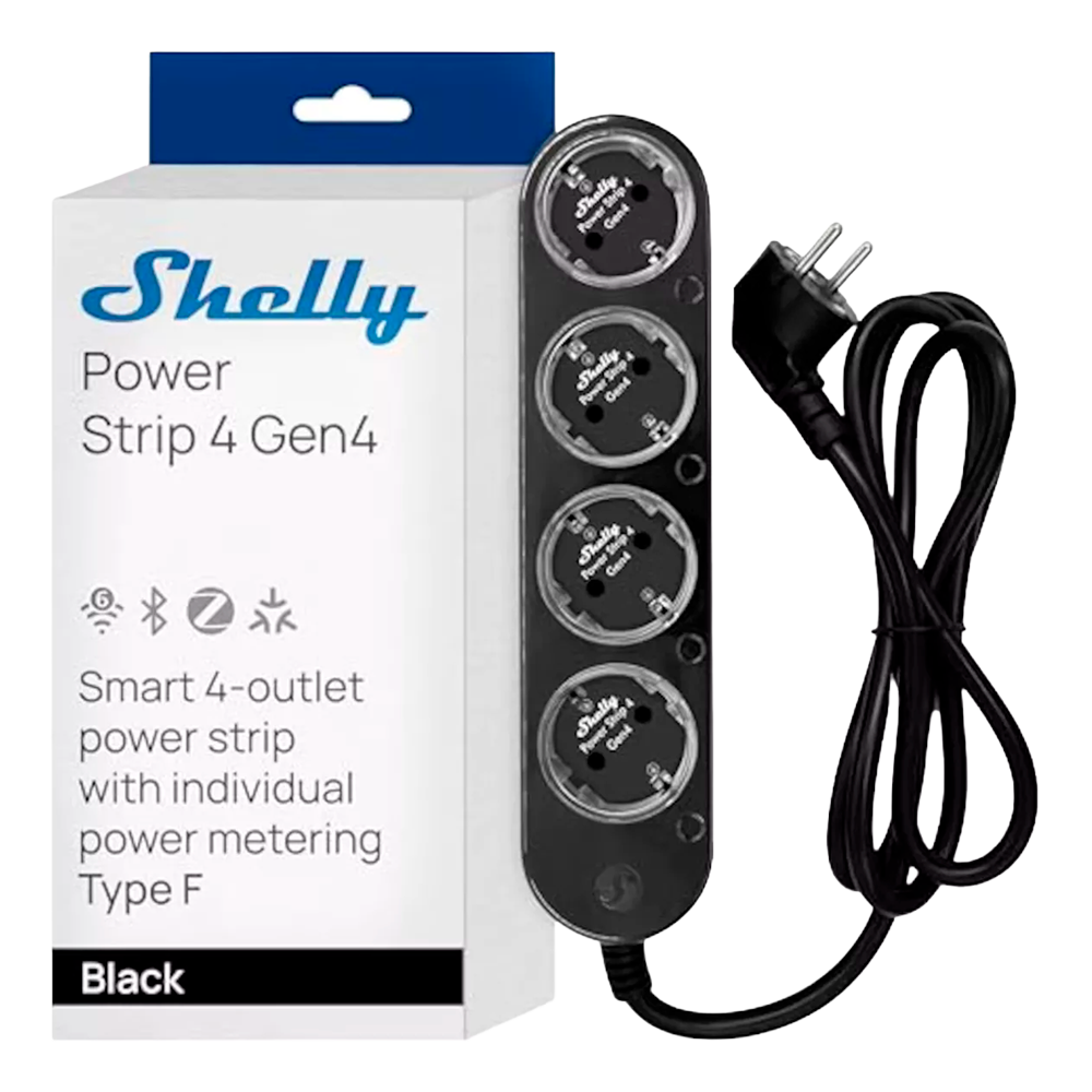 (SH-POWER-STRIP-4-GEN4-B) Shelly Power Strip 4 Gen4 Black - WiFi 2.4 GHz / Bluetooth / Zigbee - Medidor de consumo  - Soporta 220 - 230 V - Apto para domótica de viviendas  - Compatible con Alexa, Google y Apple