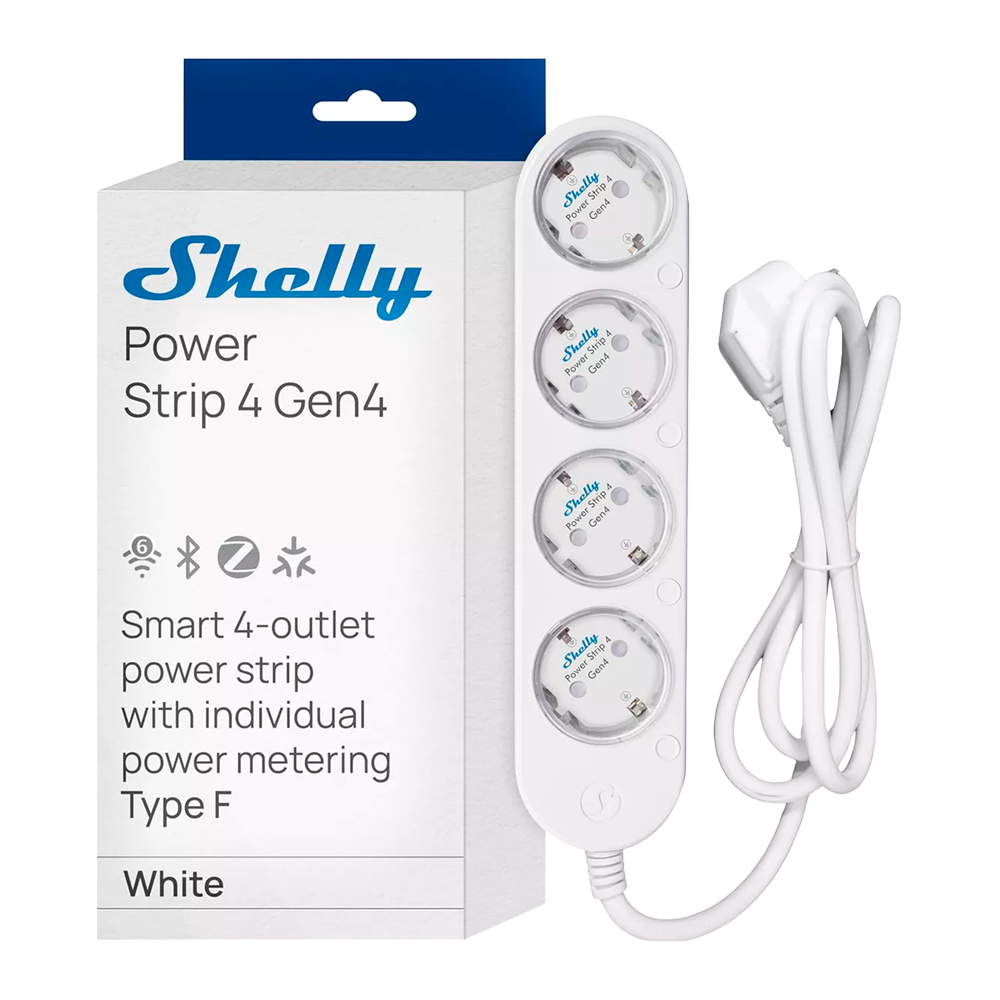 (SH-POWER-STRIP-4-GEN4-W) Shelly Power Strip 4 Gen4 White - WiFi 2.4 GHz / Bluetooth / Zigbee - Medidor de consumo  - Soporta 220 - 230 V - Apto para domótica de viviendas  - Compatible con Alexa, Google y Apple