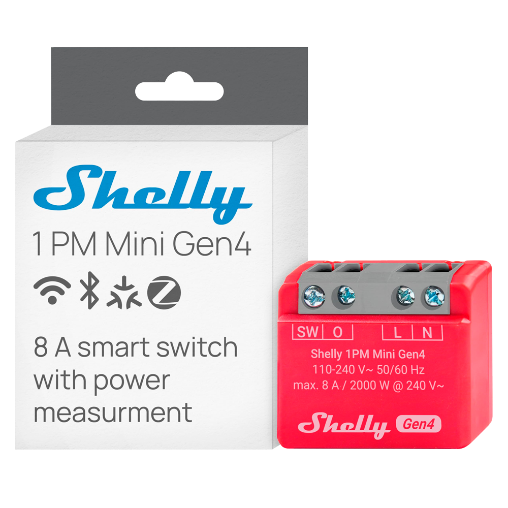 (SH-SL-1PM-MINI-GEN4) Shelly 1PM Mini Gen4 - WiFi 2.4 GHz / Bluetooth / Zigbee -  Interruptor inteligente  - Soporta 110 - 240 VCA / 24 - 30 VCC - Contacto NA, 1 polo, contacto µ - Compatible con Alexa y Google