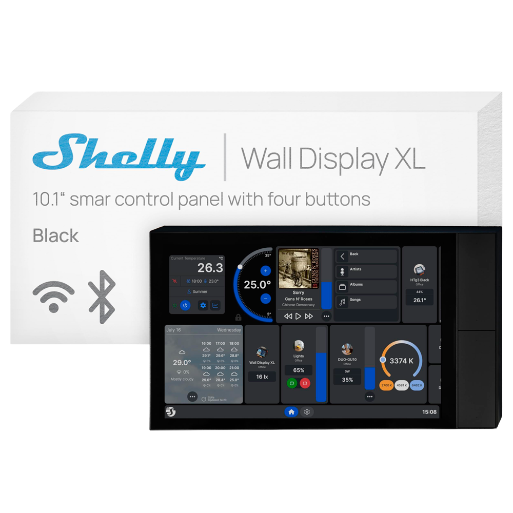 (SH-WALL-DISPLAY-XL-B) Shelly Wall Display XL Black - Wi-Fi 6 Dual Band / Bluetooth 5.4 - Sensor de Iluminacion - 4 botones fisicos - Gestiona el consumo - Compatible con Alexa y Google