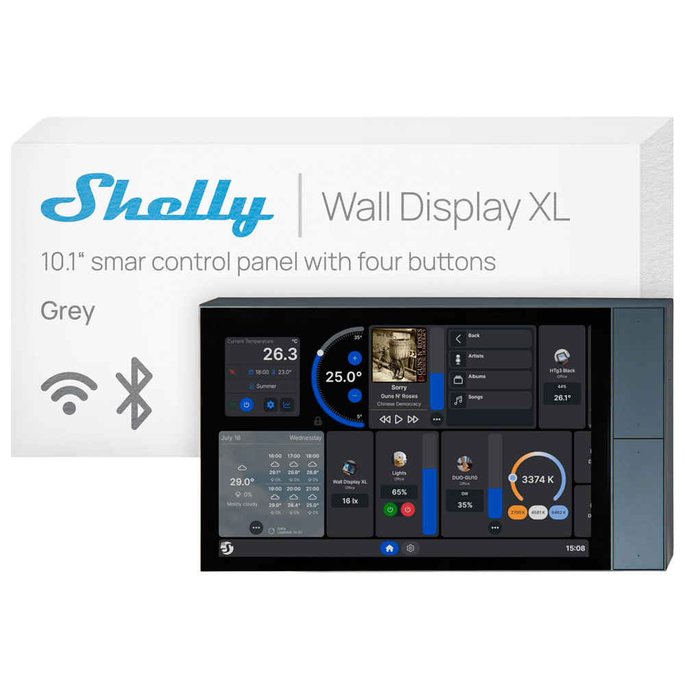 (SH-WALL-DISPLAY-XL-SL) Shelly Wall Display XL Silver - Wi-Fi 6 Dual Band / Bluetooth 5.4 - Sensor de Iluminacion - 4 botones fisicos - Gestiona el consumo - Compatible con Alexa y Google