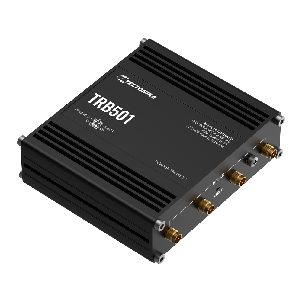 (TK-TRB501) Passerelle Teltonika 5G Industrielle - 5G Sub-6GHz SA/NSA (jusqu'à 1 Gbps) - Compatible avec les réseaux 4G LTE et 3G - 1 Port RJ45 10/100/1000 Mbps - Connecteurs 4 x SMA pour antennes mobiles - 1 Emplacement pour SIM Mini SIM - 2FF