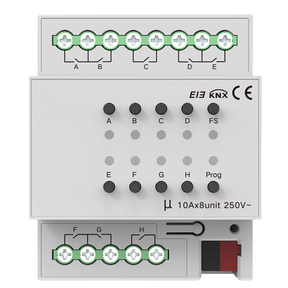 (AK-KXAC-B1R8A10) Relais intelligent de 8 lignes - KNX - Charge maximale 10 A par ligne - Puissance maximale 2300 W par ligne - Alimentation 21-30 CC par bus - Retard et mémoire d'activation