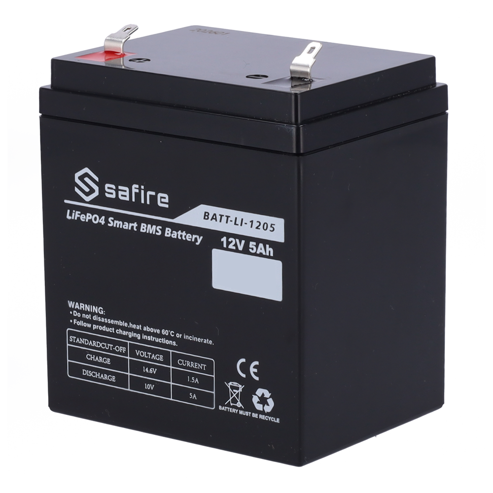 (BATT-LI-1205) Batterie rechargeable - Lithium LiFePO4 - Tension 12V - Capacité 5Ah - 3000 cycles - 90 (L) x 101 (H) x 70 (Pr) mm / 0.7Kg