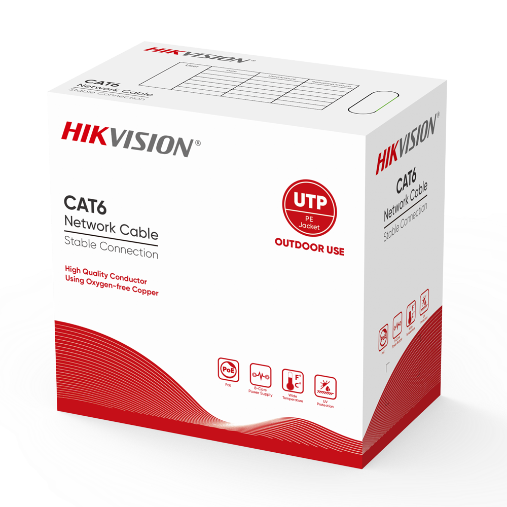 (DS-1LN6OUTPE black 305m) Catégorie 6 de câble UTP Hikvision - Conducteur OFC, 99,5% cuivre - Matériau PE - Livré dans une boîte en carton de 305m - Spéciale pour extérieur