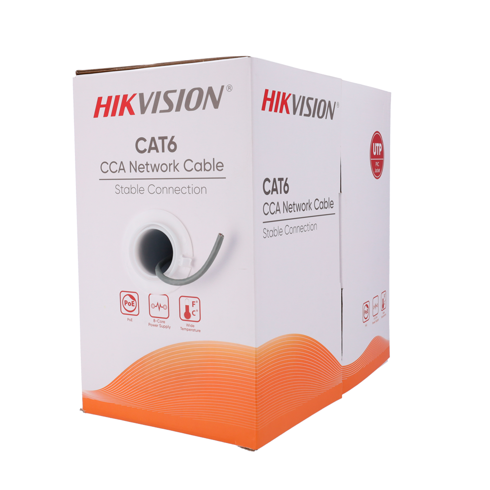 (DS-1LN6UU/CCA) Catégorie 6 de câble UTP Hikvision - Conducteur CCA - Diamètre 23 AWG-0,56mm - Certifié Eca/UL CM - Livré dans une boîte en carton de 305m - Revêtement en PVC gris