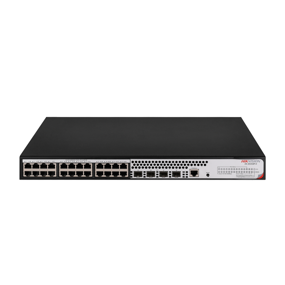 (DS-3E2528P-H) Switch manageable Hikvision L3 - 24 ports PoE RJ45 + 4 SFP - 24 Ports Gigabit PoE+ 802.3af/at + 4 SFP  - VLAN/isolement port/STP/RSTP/MSTP/ACL/QoS - LACP/IGMP Snoop/RIP/OSPFv1-v3 - Enrackable
