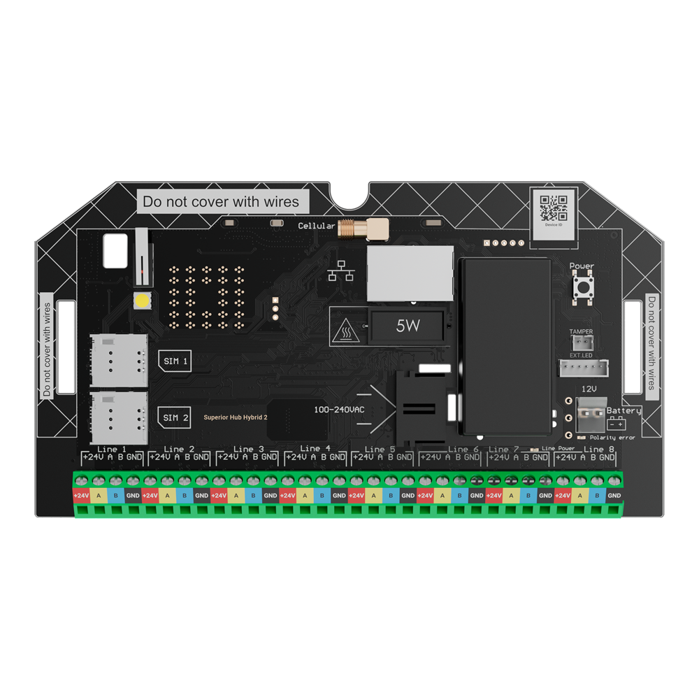 (FIBRA-HUBHYBRID2-NOCASE) Centrale d'alarme - Grade 3 - Sans Fils: Superior Jeweller et TurboWings - Câblé: Fibre - Communication Ethernet et double SIM 4G(LTE)/3G/2G - Jusqu'à 250 dispositifs sans fil et filaires - 200 utilisateurs et 25 groupes d'armement