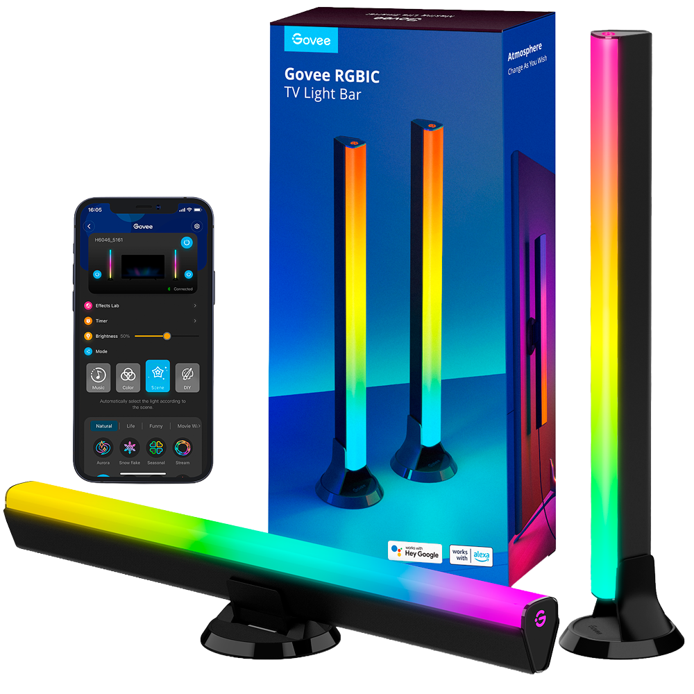 (GV-BARS-H6046-TV-45) Accessoires TV - Barres lumineuses à LED - Wi-Fi 2.4 GHz + Bluetooth - Couleur segmentée RGBIC - 170 lumens / 30 sources lumineuses - HomeKit / Alexa / Google Home - Pour l'intérieur / Écrans de 45" - 70"