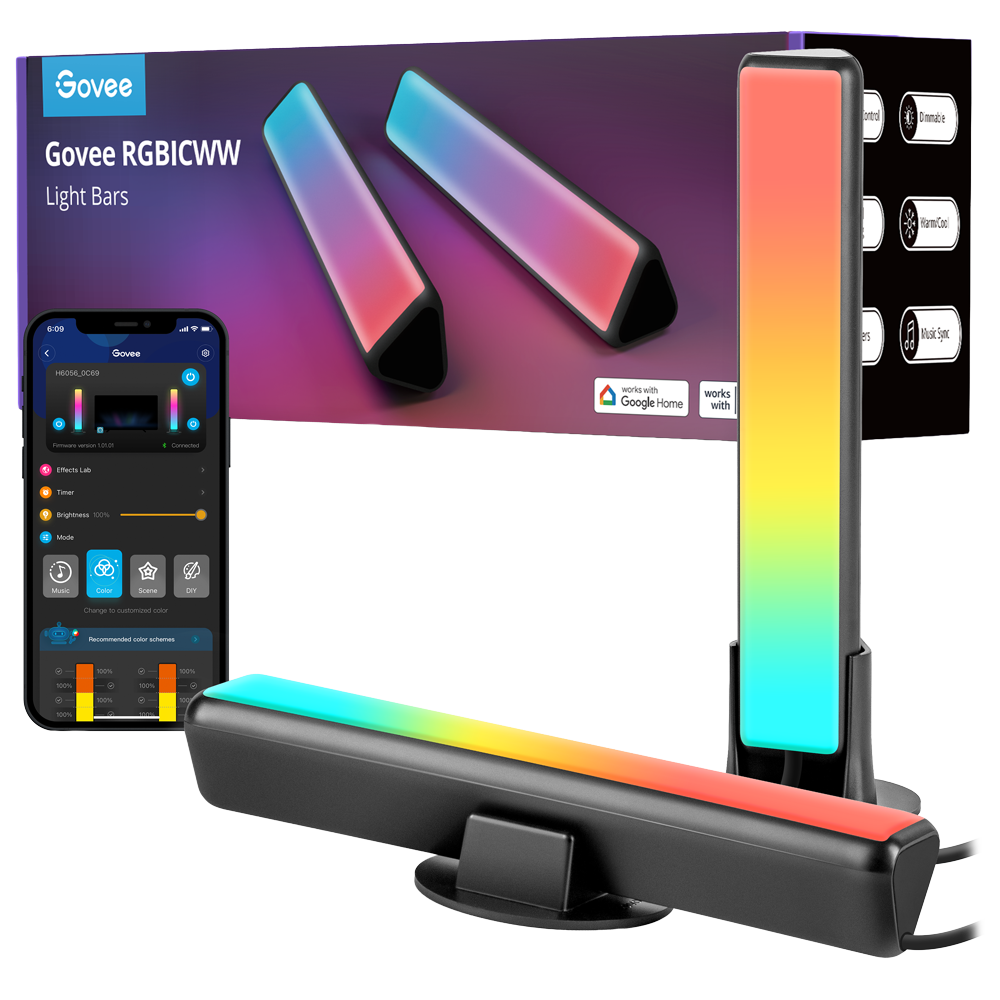 (GV-BARS-H6056-FLOW-PLUS) Accessoires TV - Barres lumineuses à LED - Wi-Fi 2.4 GHz + Bluetooth - Couleur segmentée + blanc froid/chaud - 300 lumens / 18 sources lumineuses - HomeKit / Alexa / Google Home - Pour l'intérieur / Écrans de