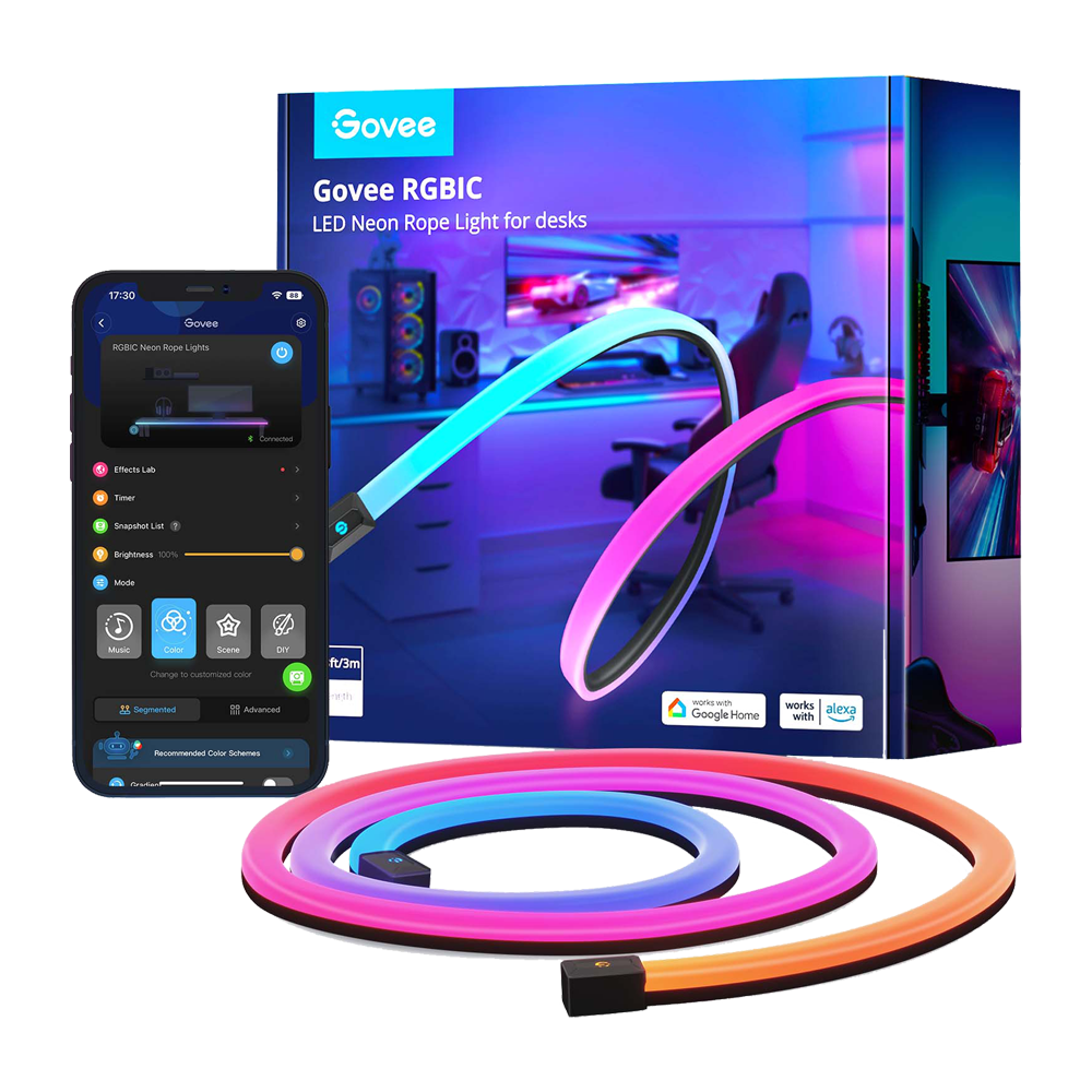 (GV-NEON-H61C3-3M-DESK) Bande lumineuse intelligente Govee NEON pour bureau - Wi-Fi 2.4 GHz + Bluetooth - Couleur RGBIC segmentée / 3m - 84 LEDs/m - HomeKit / Alexa / Google Home - Pour intérieur
