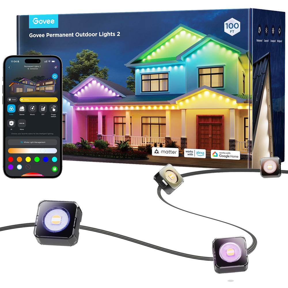 (GV-OUT-H705E-30M-PERMANENT2) Govee Éclairage extérieur permanent 2 - Wi-Fi 2.4 GHz + Bluetooth  - Couleur segmentée + blanc - 40 lumens/luminosité - Matter / Homekit / Alexa / Google Home - Pour usage extérieur / IP67