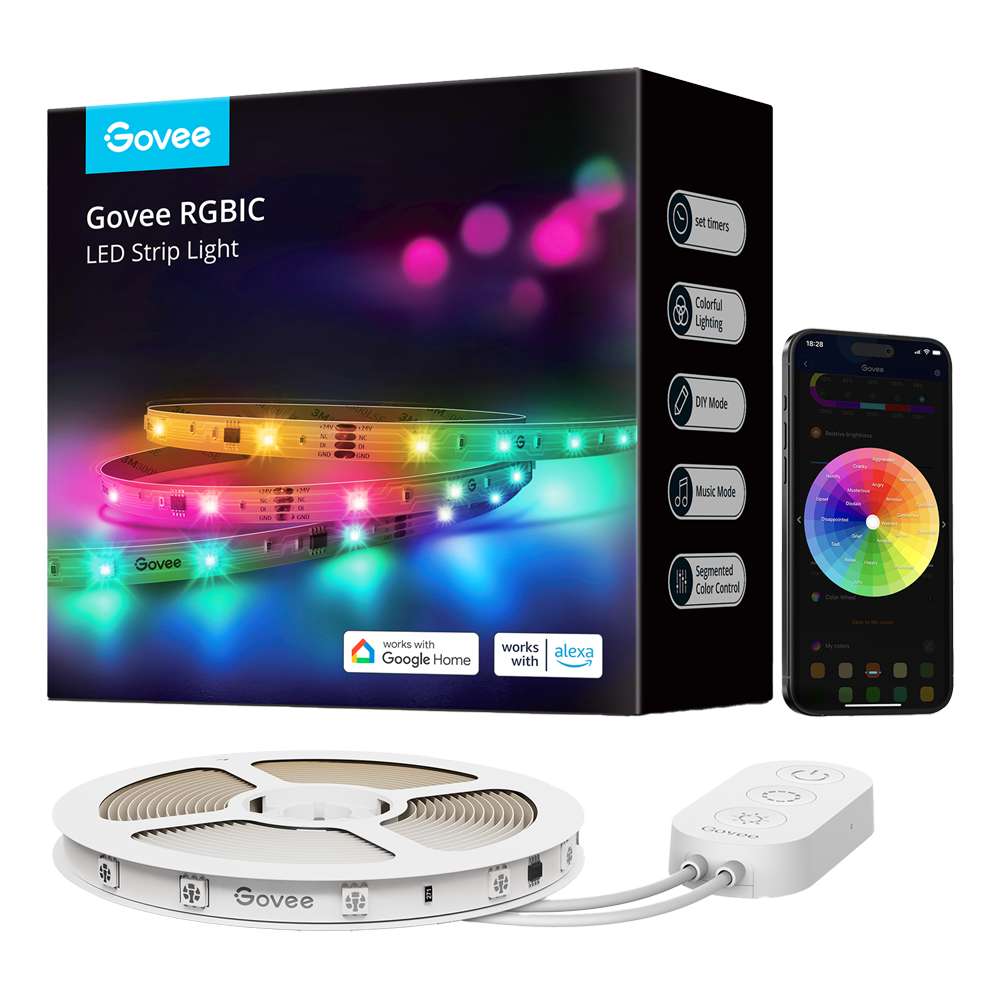 (GV-STRIP-H618C-10M-RGBIC-BASIC) Bande LED intelligente Govee 10m  - Wi-Fi 2.4 GHz + Bluetooth - Couleur segmentée - Intensité 44 lumens/m - Application Govee / Alexa / Google Home - Pour intérieur