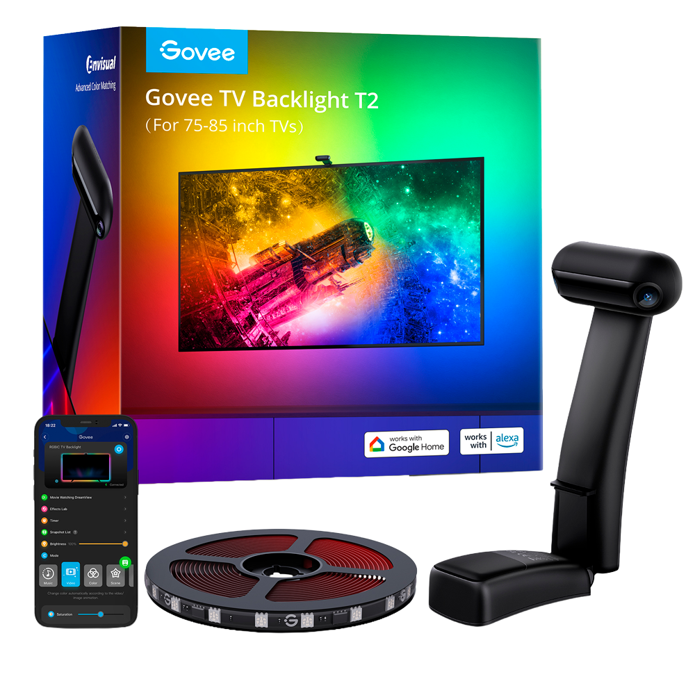 (GV-TV-H605C-T2-75) Rétro-éclairage du téléviseur T2 - Double caméra - Wi-Fi 2.4 GHz + Bluetooth - Couleur RGBIC segmentée / Envisual - 60 LEDs/m - Application Govee / Alexa / Google Home - Pour l'intérieur / Écrans de 75" - 85"