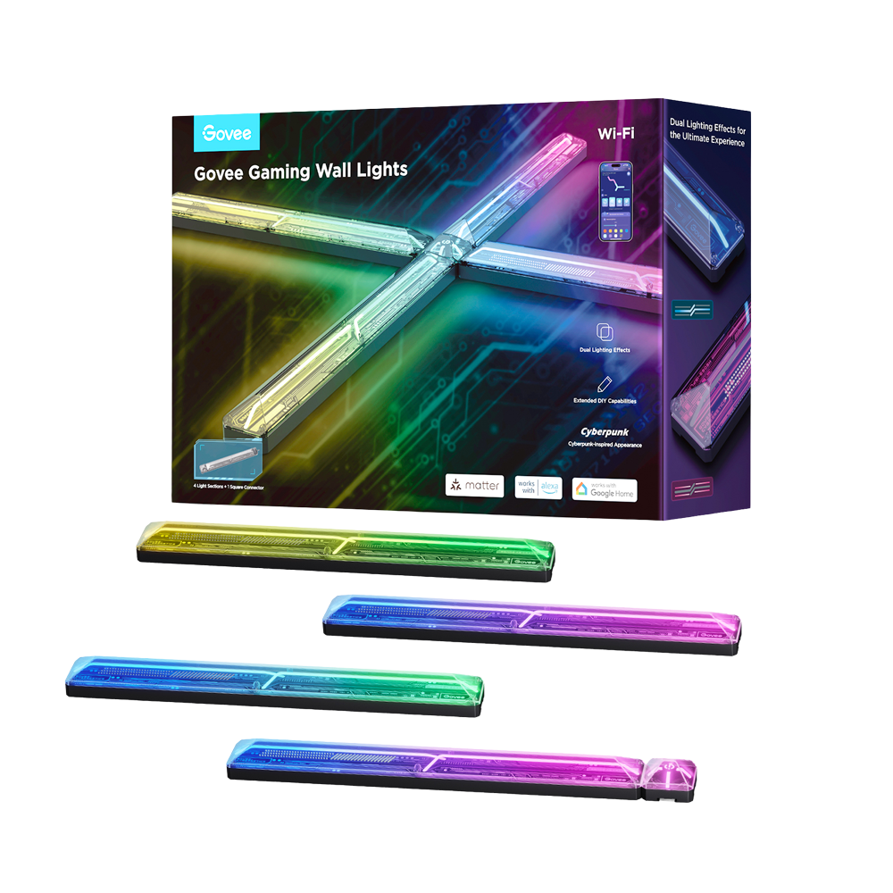 (GV-WALL-H6063-LIGHT-4T) Lampe murale pour gamers Govee - Wi-Fi 2.4 GHz + Bluetooth  - Couleur segmentée RGBIC - Matter / Homekit / Alexa / Google Home - 36VDC 2A - Pour intérieur