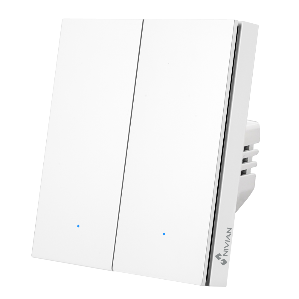 (NVS-FLATWALLSWITCH-201-WRB) Interrupteur mural intelligent de 2 lignes - WiFi 2.4 GHz IEEE802.11 b/g/n - Charge maximale 10A (chaque ligne) - Protection contre des surtensions - Compatible avec TUYA Smart - Compatible avec Alexa et Google Assistant