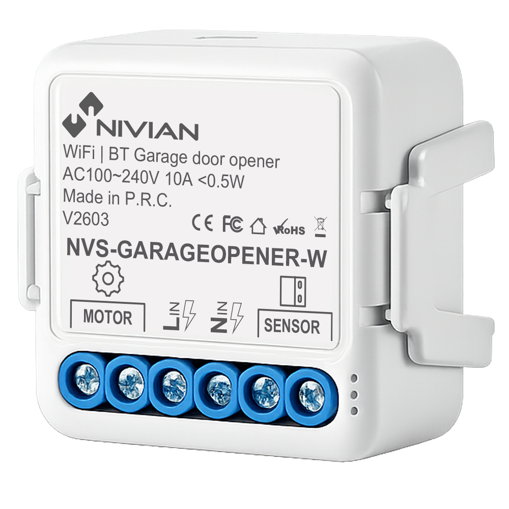 (NVS-GARAGEOPENER-W) Contrôleur Wifi de moteur de porte de garage - WiFi 2.4 GHz IEEE802.11 b/g/n - Charge maximum 10A - Protection contre des surtensions - Compatible avec TUYA Smart - Compatible avec Alexa et Google Assistant