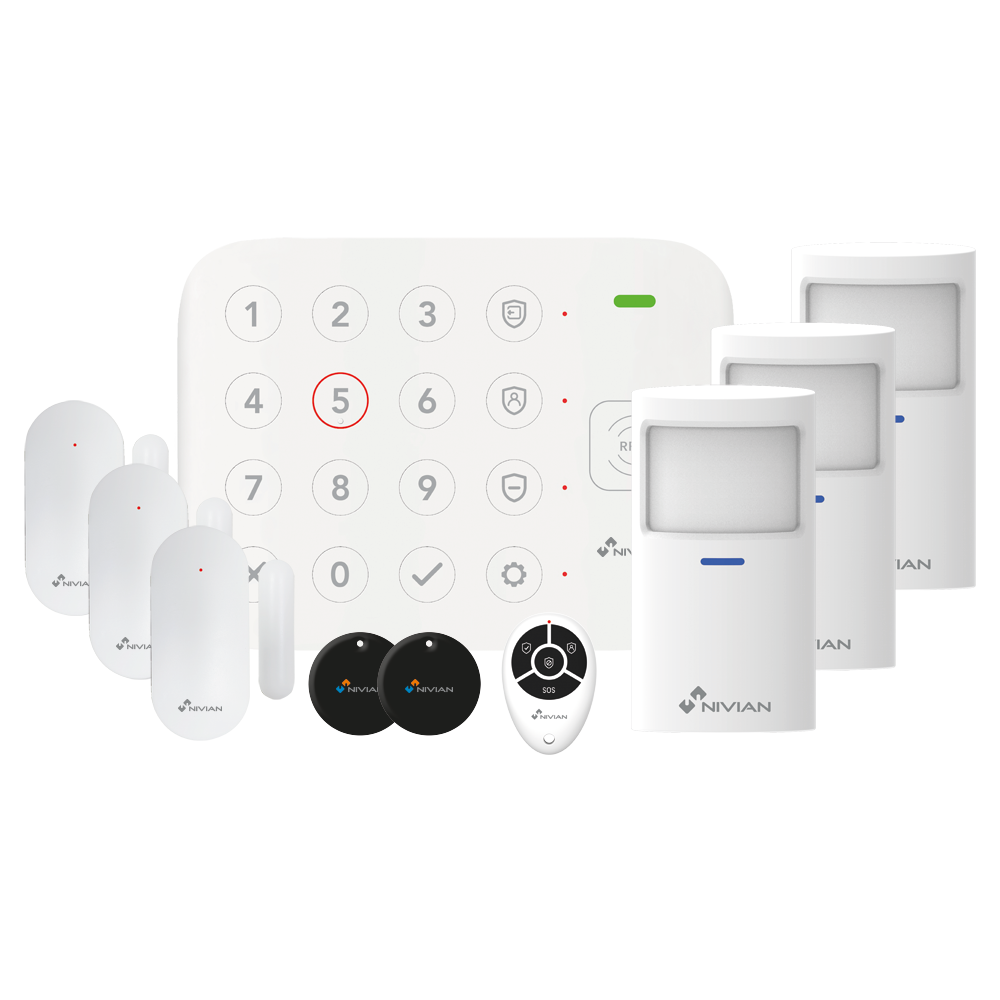 (NVS-KEYPADALARM-PREMIUM) Kit d'alarme Wi-Fi sans fil Nivian Smart - Clavier et lecteur RFID - Communication WiFi  - Sans fil 433 MHz - Jusqu`à 64 dispositifs sans fil - Compatible avec la plateforme Tuya