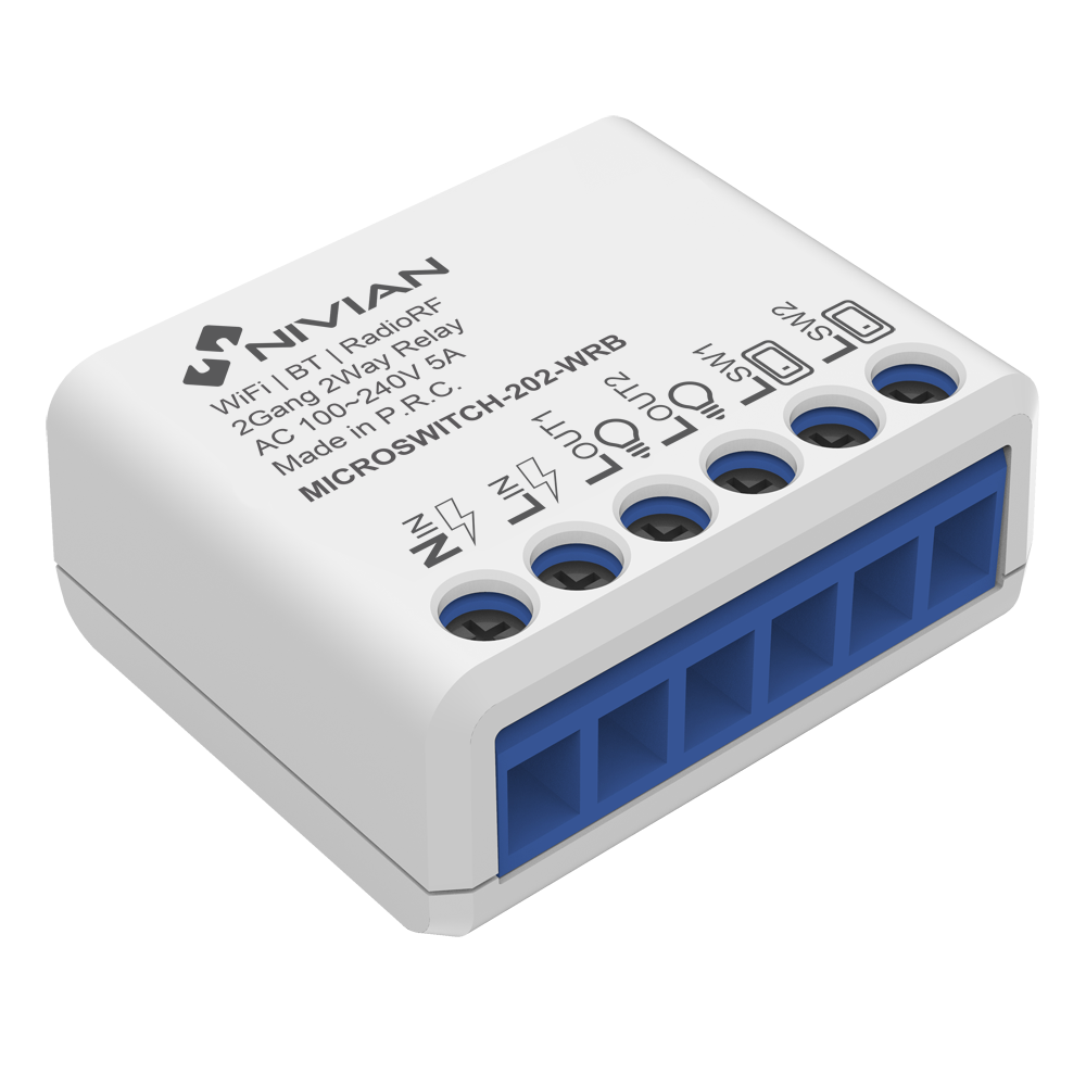 (NVS-MICROSWITCH-202-WRB) Relais intelligent de 2 Lignes - WiFi 2.4 GHz IEEE802.11 b/g/n - Charge maximale 16A (par ligne) - Protection contre des surtensions - Compatible avec TUYA Smart - Compatible avec Alexa et Google Assistant