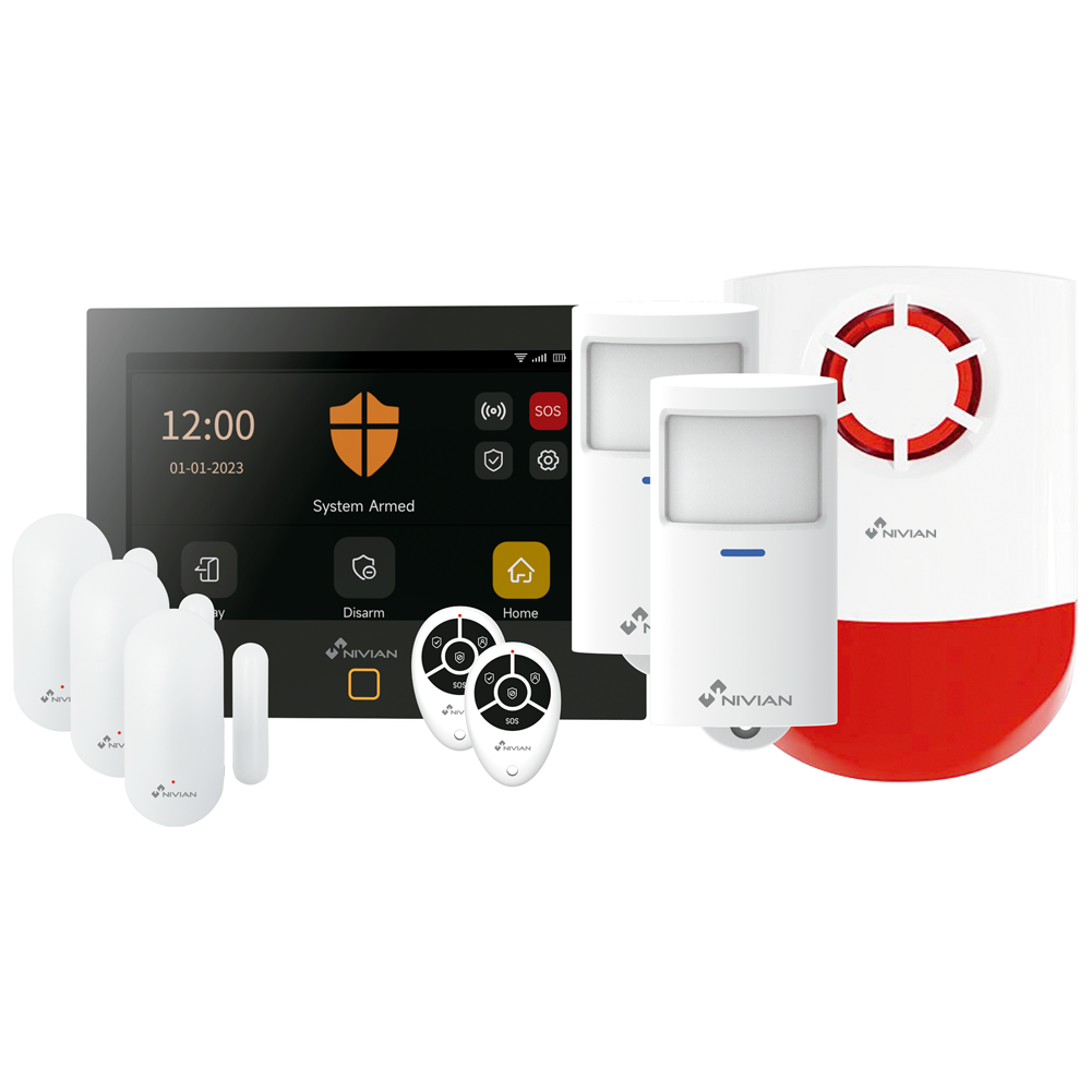 (NVS-TOUCHALARM-PREMIUM) Kit d'alarme WiFi + GSM Nivian Smart - Clavier tactile  - Communication Wi-Fi et GSM 4G - Sans fil 433 MHz - Jusqu`à 166 dispositifs sans fil - Compatible avec la plateforme Tuya