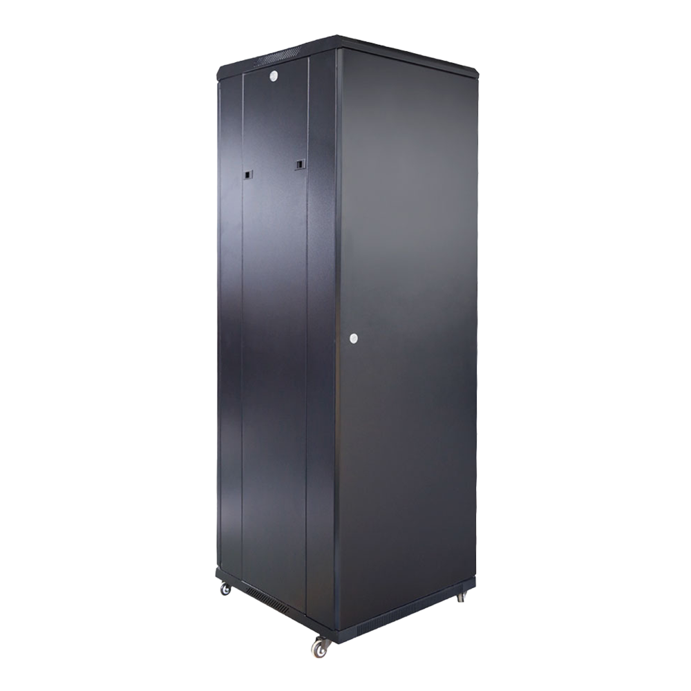 (RACK-32U-8D) Armoire rack pour sol - Capacité de 32U pour la norme de 19 pouces. - Charge statique de 800kg sur les pieds et les roues.  - Gestion du câblage en haut et en bas.  - Livré assemblé