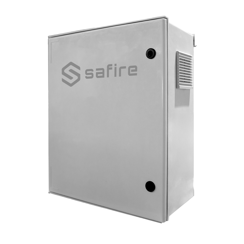 (SF-BOX08ECO-IP55) Armario de poliéster SMC - Diferencial, magnetotérmico y SPD - Dimensiones exteriores 60x50x23cm - Switch 8 puertos POE | Bandeja fusión de fibra - Grado de protección IP55 / Carril DIN  - Caja de distribución economica sin inteligencia
