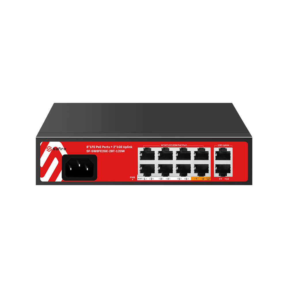 (SF-SW8FE2GE-2BT-120W) Safire Switch Hi-PoE - 8 Ports FE PoE + 2 Liaison montante RJ45 - Hybride 8x10/100Mbps + 2x10/100/1000Mbps - 6 Ports PoE+ 30W + 2 Ports Hi-PoE 60W - PoE Watchdog - Jusqu'à 120W Puissance PoE totale