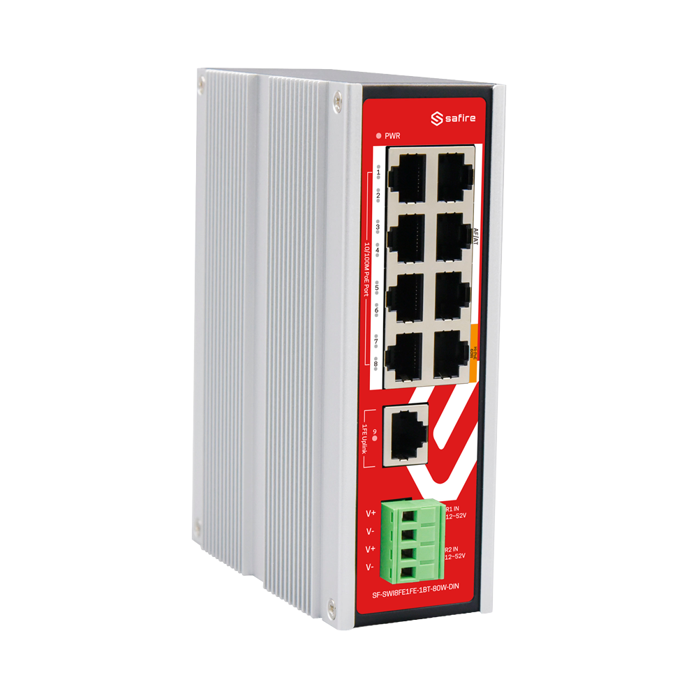 (SF-SWI8FE1FE-1BT-80W-DIN) Commutateur DIN Safire Hi-PoE - 8 Ports FE PoE + 1 Liaison montante RJ45 -  8x10/100Mbps + 1x10/100Mbps - 7 Ports PoE+ 30W + 1 Ports Hi-PoE 60W - Tension d'entrée CC de 12V - 52V  - Jusqu'à 80W Puissance PoE totale
