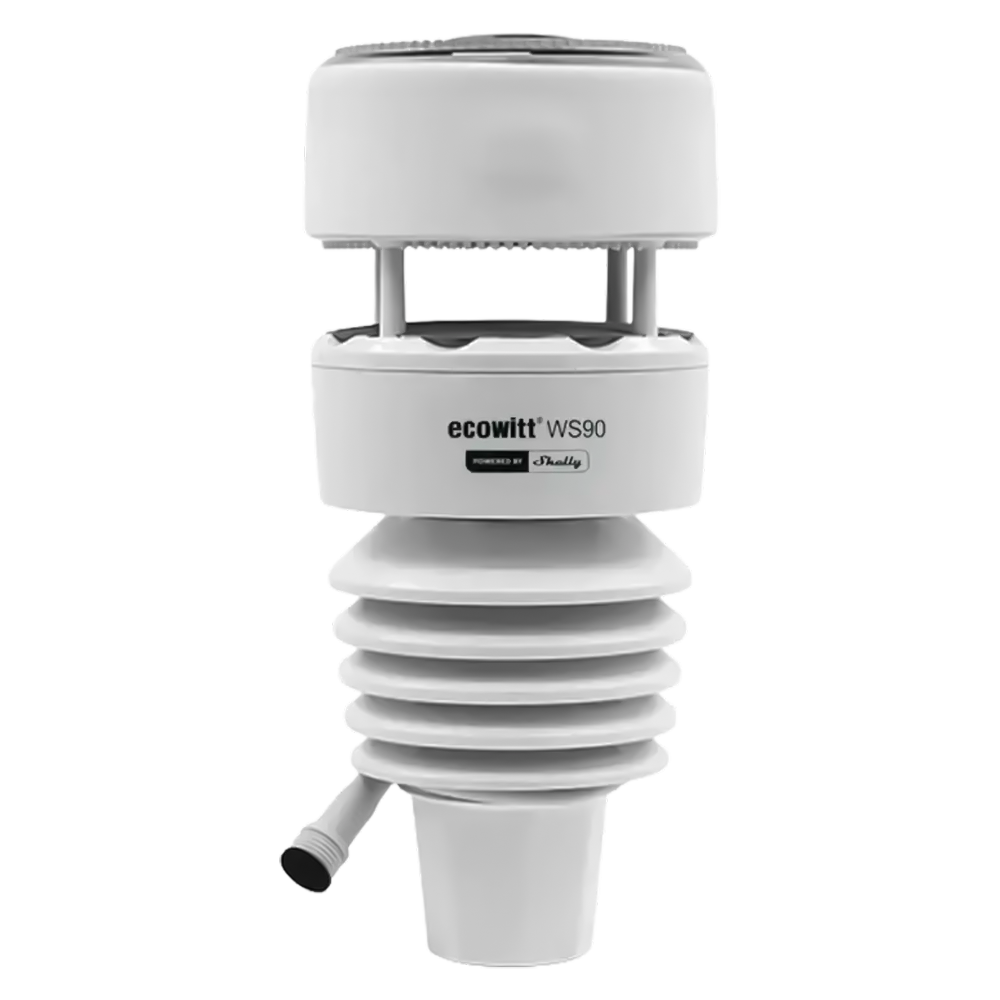 (SH-ECOWITT-WS90) Shelly Ecowitt WS90 - Station météorologique solaire 7 à 1 - Capteur piézoélectrique à ultrasons pour la pluie  - Mesure du vent par ultrasons  - Capteur de rayonnement solaire et indice UV  - Alimentation solaire avec batterie de secours