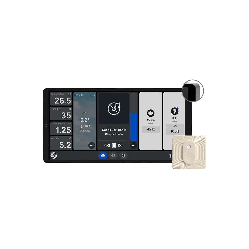 (SH-WALL-DISPLAY-X2-S-BLUHT-I) Shelly Wall Display X2 + BLU H&amp;T Ivory - Pantalla táctil 6,95" a color para control - Sensor Bluetooth BLU H&amp;T externo incluido - Wi-Fi 2,4GHz / Bluetooth  - Soporta AC 110-240V / Relé interno integrado 5A - Compatible con  Alexa y Google