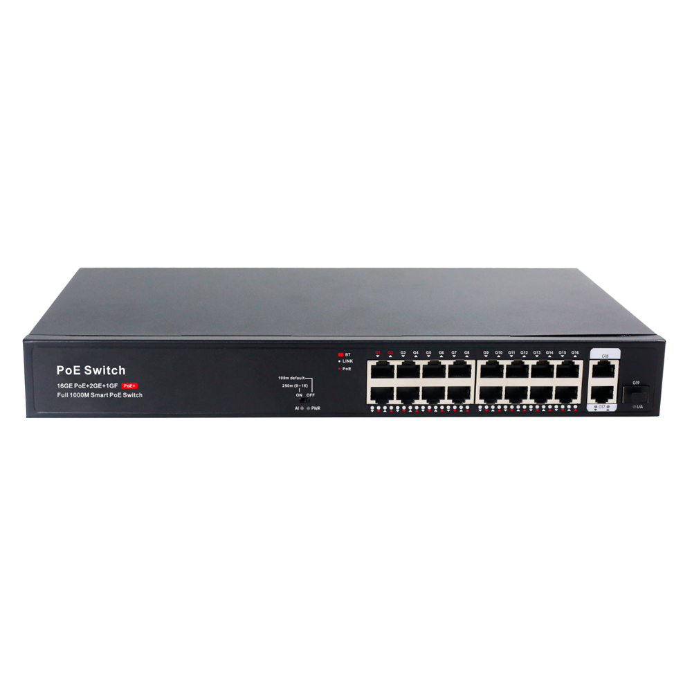 (SW16GE2GE1SFP-2BT-250W) Switch PoE - 16 ports RJ45 + 2 RJ45 liaison montante + 1 liaison montante SFP - 16x 10/100/1000Mbps + 2x 1000Mbps + 1 × 1000Mbps - 14 Ports jusqu'à 30W et 2 Ports jusqu'à 60W - PoE 802.3af/at/bt jusqu'à 250W au total - Enrackable