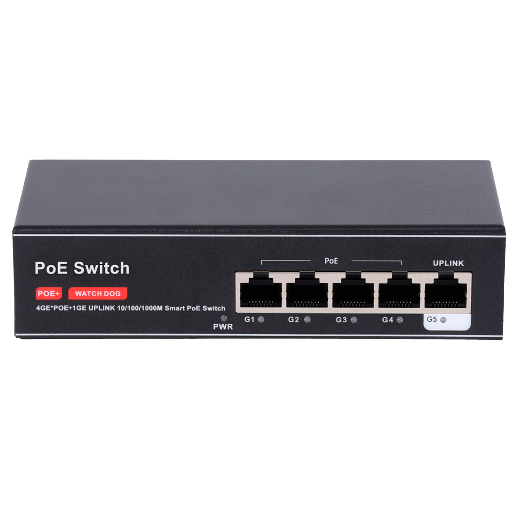 (SW4GE1GE-65W) Switch PoE - 4 ports PoE + 1 Uplink RJ45 - Vitesse jusqu'à 1000 Mbps sur tous les ports - Jusqu'à 60W au total pour tous les ports - Bande passante 10 Gbps - PoE IEEE 802.3 af/at