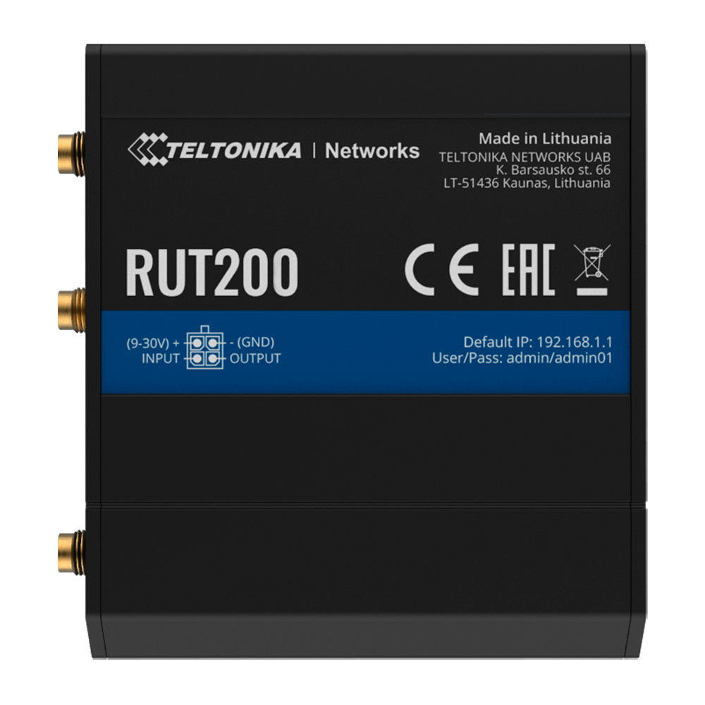 (TK-RUT200-V2) Routeur industriel 4G LTE Cat 4 (150/50 Mbps)  - Chipset Teltonika optimisé pour la performance - Point d'accès Wi-Fi 4 pouvant accueillir jusqu'à 50 utilisateurs  - 2 ports Ethernet 10/100 Mbps (WAN/LAN)  - Sécurité industrielle avec pare-feu et plusieurs VPN  - Conception ultra-compacte dans un boîtier en aluminium