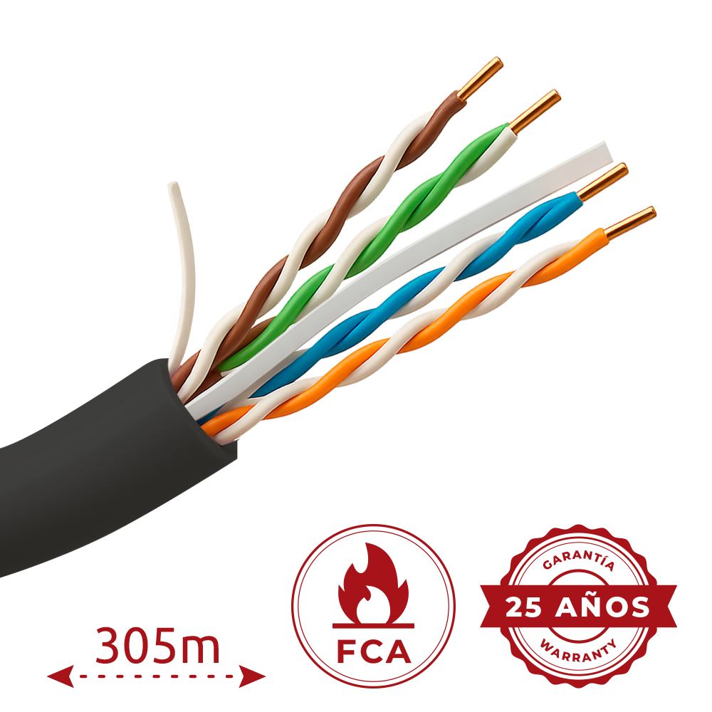 (UTP6-305-BC-OUTDOOR) Câble UTP rigide pour l'extérieur - Catégorie 6 - Conforme au 90m test Fluke - Conducteur OFC, pureté 99.9% cuivre - Bobine de 305 mètres - Diamètre 5.5 mm