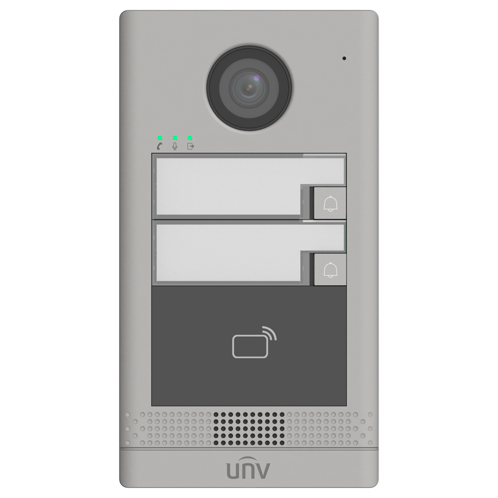 (UV-OEU-202S-HMK2) Portier vidéo IP 2 appartements - Caméra 2 Mpx | Audio bidirectionnel - Ouverture avec carte MF 2 relais - Application mobile avec ou sans moniteur - Convient pour une utilisation en extérieur IP65 | IK08 - Installation en surface | PoE