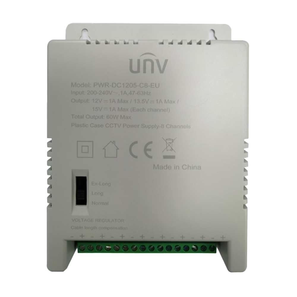 [UV-PWR-DC1205-C8-EU] (UV-PWR-DC1205-C8-EU) Fuente de alimentación multicanal Uniview - 8 canales - Salida 12VDC 5A (1A / canal) / 60W - Entrada 200 - 240VAC - Conector AC de entrada C8 - Compatible con gamas Easy y Prime