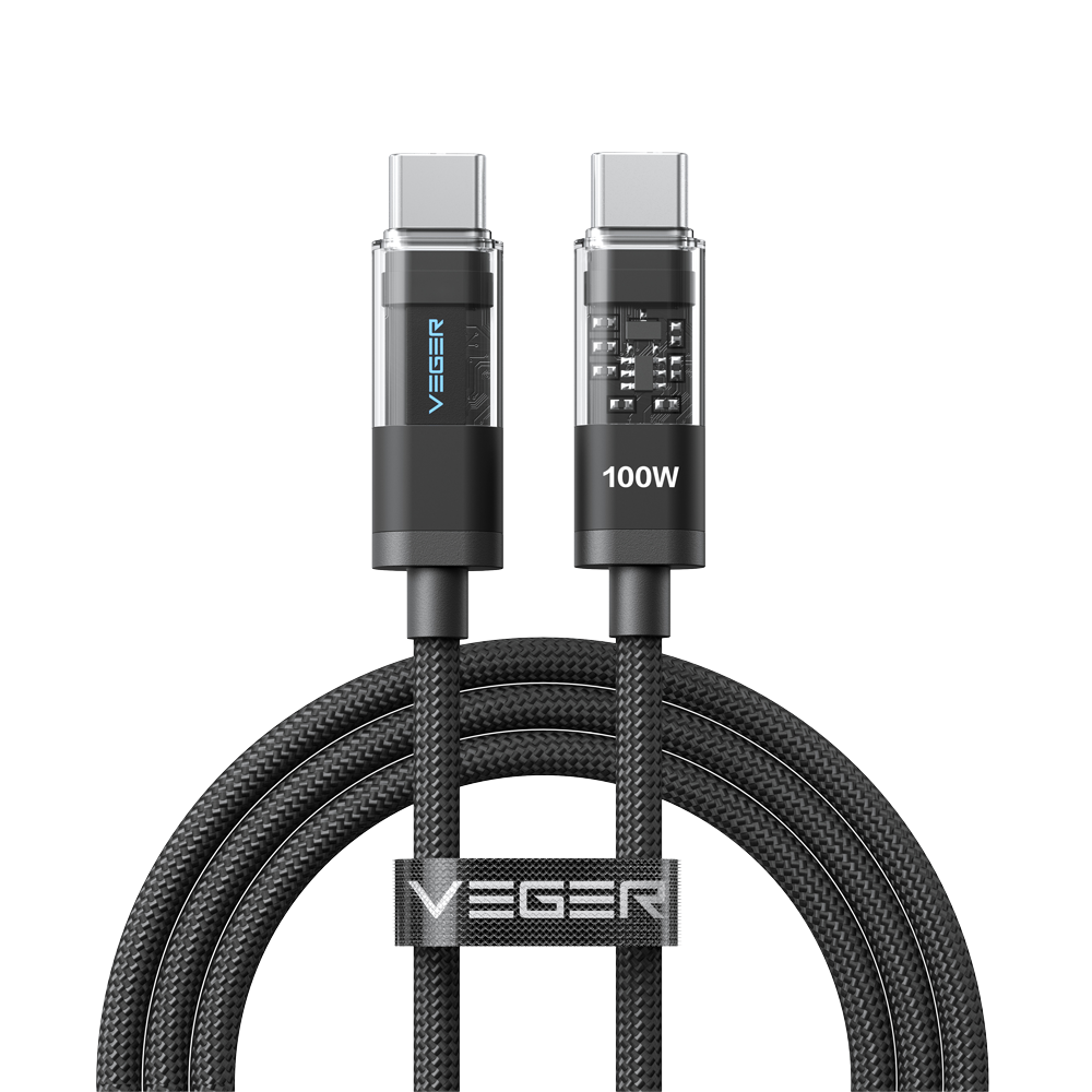 (VG-CC16) Veger - Câble USB 2.0 pour n'importe quel appareil - USB-C à USB-C - Gaine métallique avec LED, nylon tressé  - Charge rapide PD 100W | 480Mbps - Longueur 1.5m  | Couleur noire