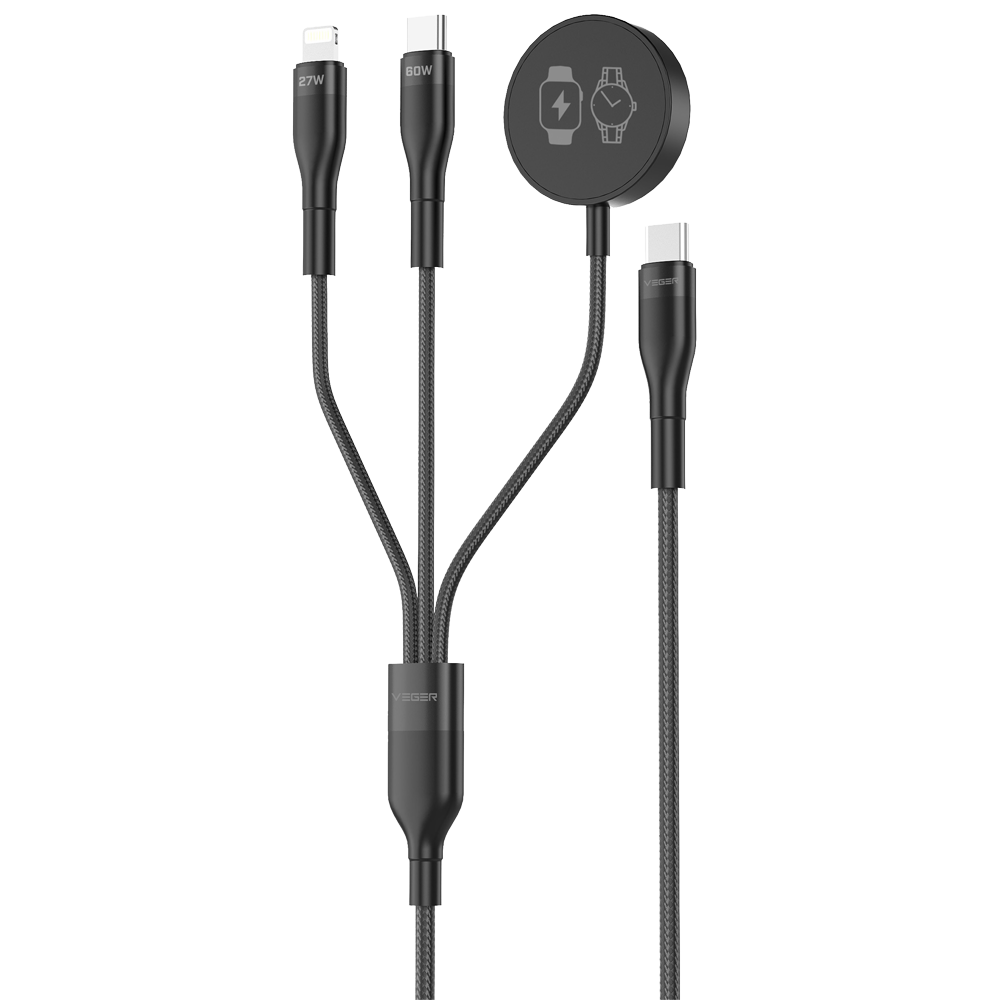 (VG-V730) Veger - Câble USB 2.0 3 en 1 - USB-C vers USB-C, Lightning et Smartwatch - Couvercle métallique, nylon tressé  - Longueur 1.5m - Couleur noir
