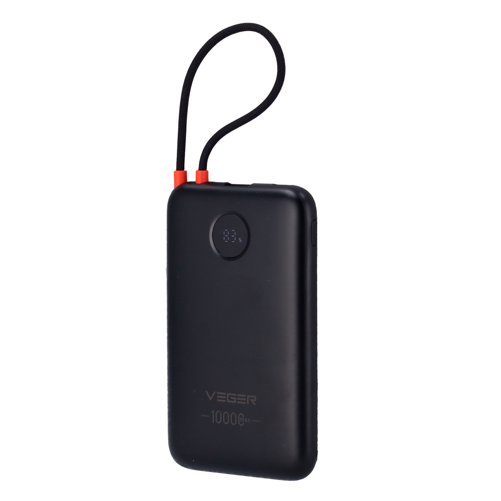 (VG-W1189) VEGER Power Bank con pantalla LCD - Capacidad 10000mAh - Entradas USB-C y cable integrado - Salidas USB-C, USB-A y cables integrado - Cables integrados: USB-C - Carga ultrarrápida | 3 dispositivos a la vez