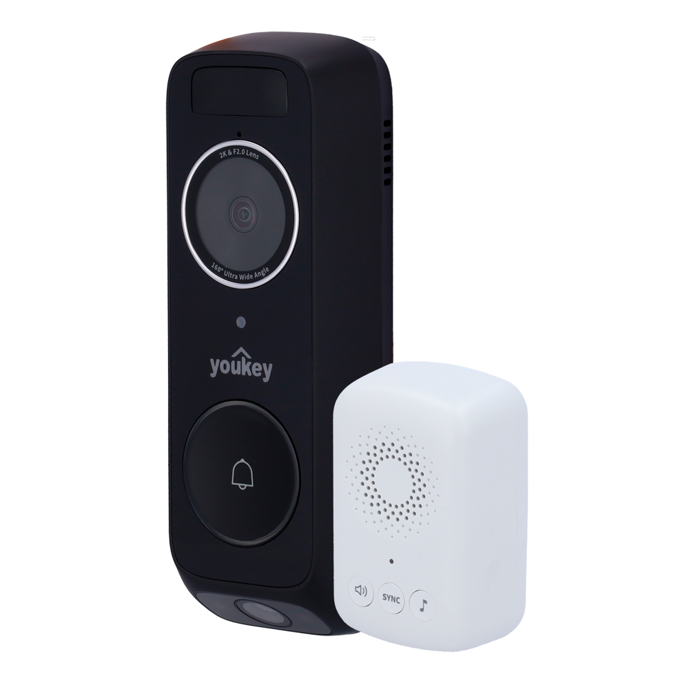 (YOK-DB312) Sonnette vidéo Youkey Dual Cam Wi-Fi  - Objectif supérieur: 3 MP | 2.4 mm | 160º - Objectif inférieur: 2 MP | 2.4 mm | 101º -  Capteur PIR | IR 5 m | Lumière blanche 2 m - Détection de personnes / colis - Wi-Fi 6 | 6400 mAh | IP65