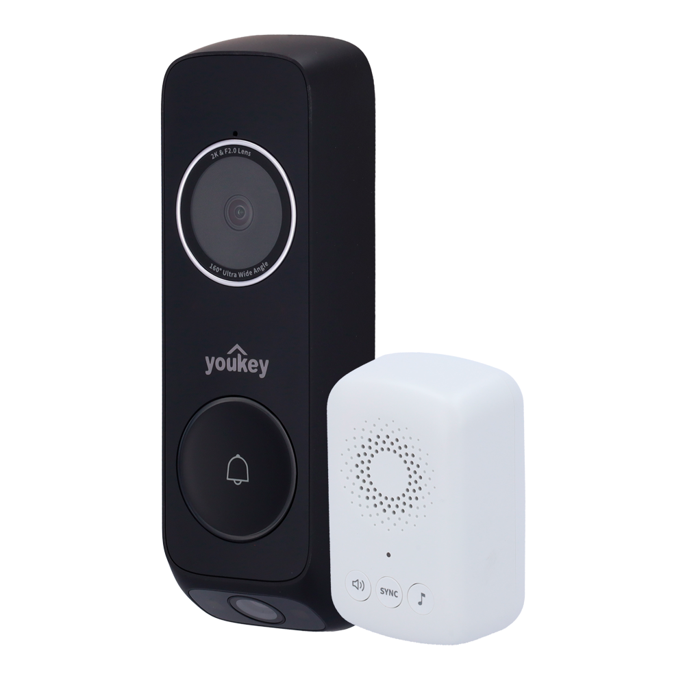 (YOK-DB322) Sonnette vidéo Youkey Dual Cam Wi-Fi  - Objectif supérieur: 3 MP | 2.4 mm | 160º - Objectif inférieur: 2 MP | 2.4 mm | 101º -  Capteur PIR | IR 5 m | Lumière blanche 2 m - Détection de personnes / colis - Wi-Fi 6 | 16~24V CA | IP65