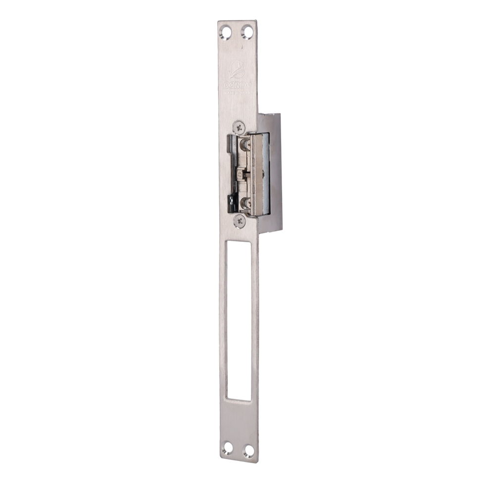 (DR-54ABDF/MX) Abrepuertas eléctrico inoxidable Dorcas - Para puerta sencilla | Pestillo regulable - Modo apertura Fail Secure (NO) - Fuerza de retención 330 kg - Alimentación AC/DC 8-12V | Memoria - Hembrilla y paso libre