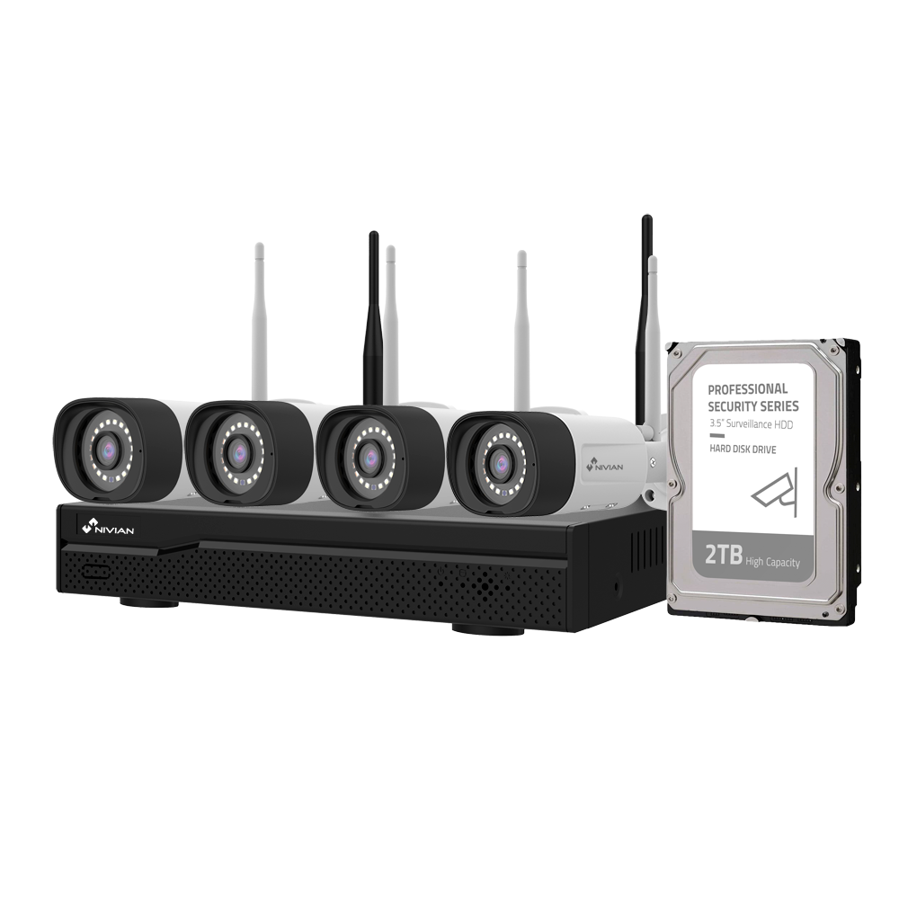 (NV-KIT1030W6-4CAM-2TB) Kit CCTV WiFi Nivian - NVR 10 canaux - 4 caméras 3 Mpx pré-enregistrées - Convient pour une utilisation en extérieur IP66 - Inclut 1 Disque dur 2TB - Application et logiciel Eseecloud