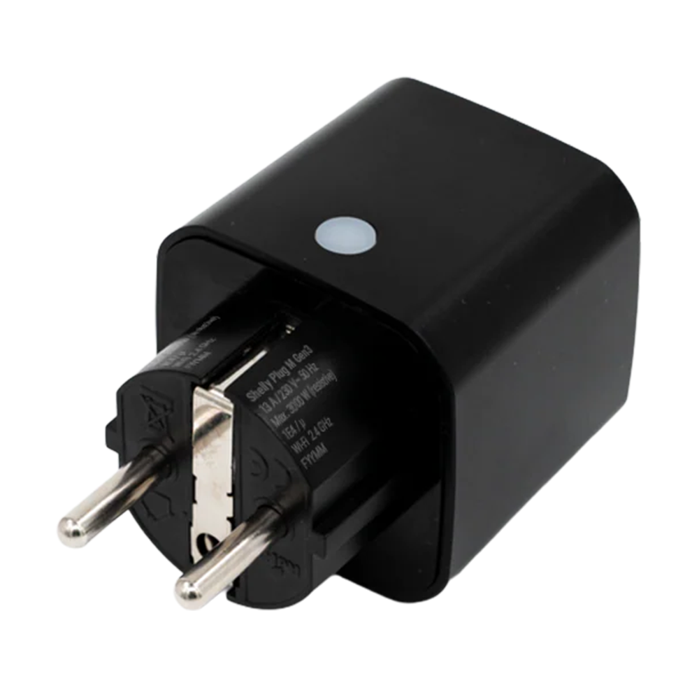 (SH-PLUG-M-GEN3-B) Shelly Plug PM Gen3 (Negro) - Monitoreo preciso del consumo eléctrico - Protección contra sobretensión / Schuko (F/E) - WiFi 2.4GHz / Bluetooth / Matter / Range Ext - Soporta AC 230V / 3000W / 13A - Compatible con Apple Homekit / Alexa y Google