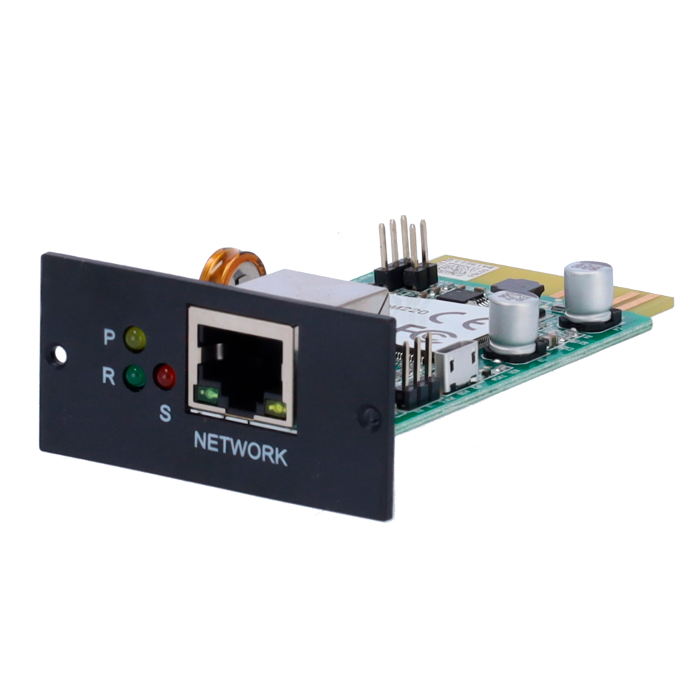 (UPS-SNMP-KPM220) Carte réseau SNMP pour surveillance de l'UPS - Pour installation dans l'emplacement de l'UPS et connexion au réseau - Compatible avec Windows, Mac, Linux - Gestion de l'UPS via HTTP, SNMP et TCP/IP - CPU ARM 300MHz 32-bit - 64M Byte SDRAM