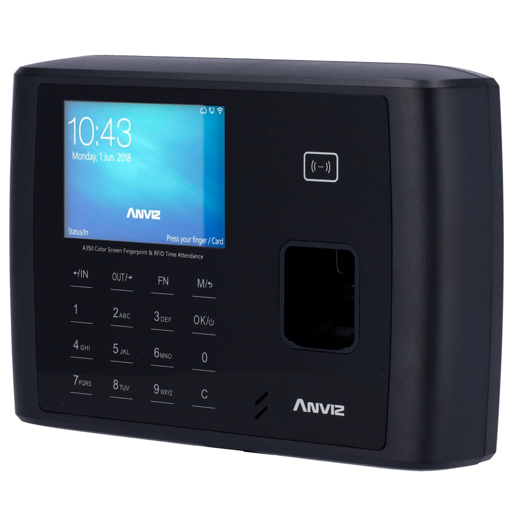 (A350-BT-4G) Control de presencia - Huella, tarjeta EM/MF y PIN - 3.000 usuarios | 100.000 registros - TCP/IP, 4G, Bluetooth, USB y RS485  - 3.5" TFT | Salida de relé para sirena - CrossChex Standard / Cloud / Mobile